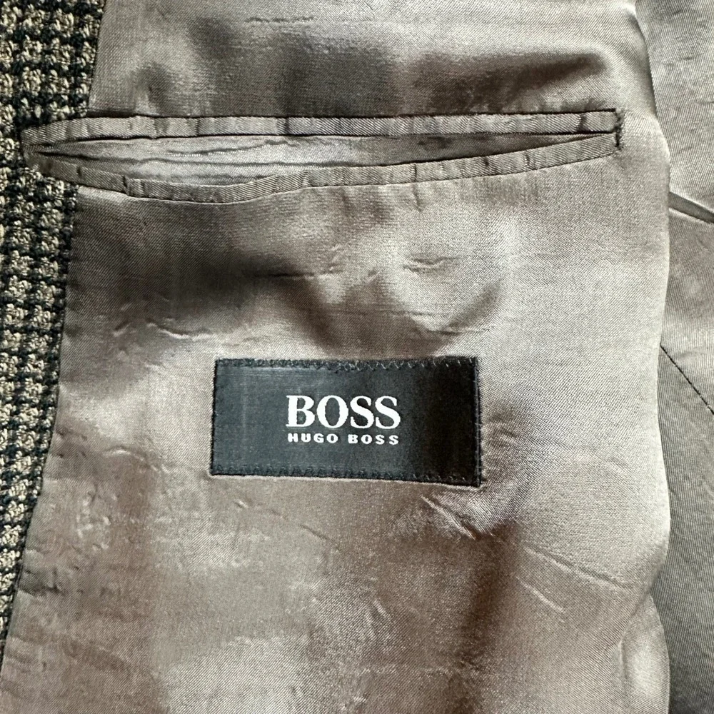 Hugo Boss Poseidon Blazer Mens 46R Brown Green Wool Micro Check Sport Coat
